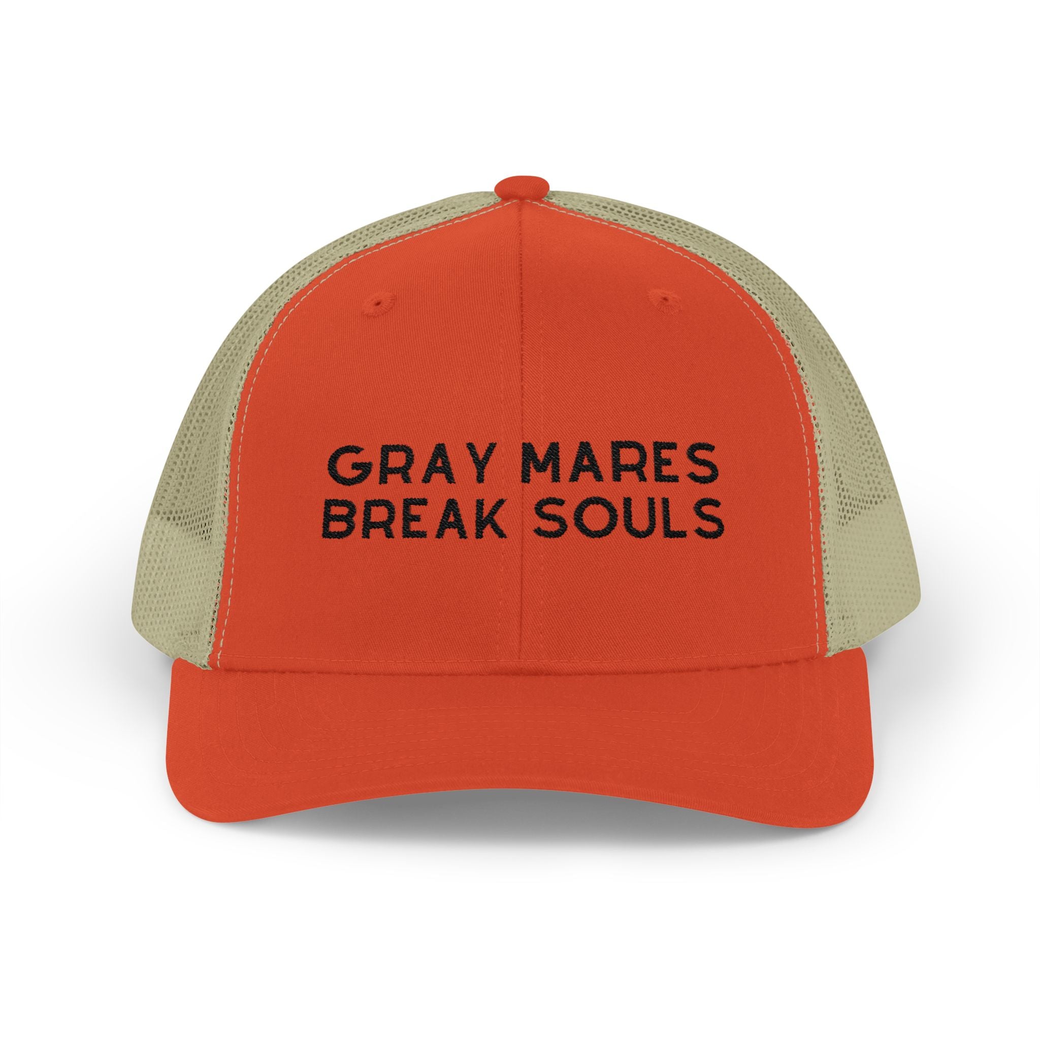 Gray Mares Break Souls Trucker Hat Embroidered TCC Hat The Cinchy Cowgirl - Print Rustic Orange / Khaki