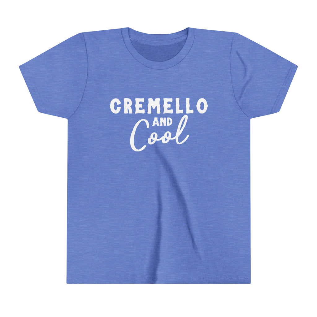 Blue youth short sleeve tee with white lettering reading "Cremello and Cool". 