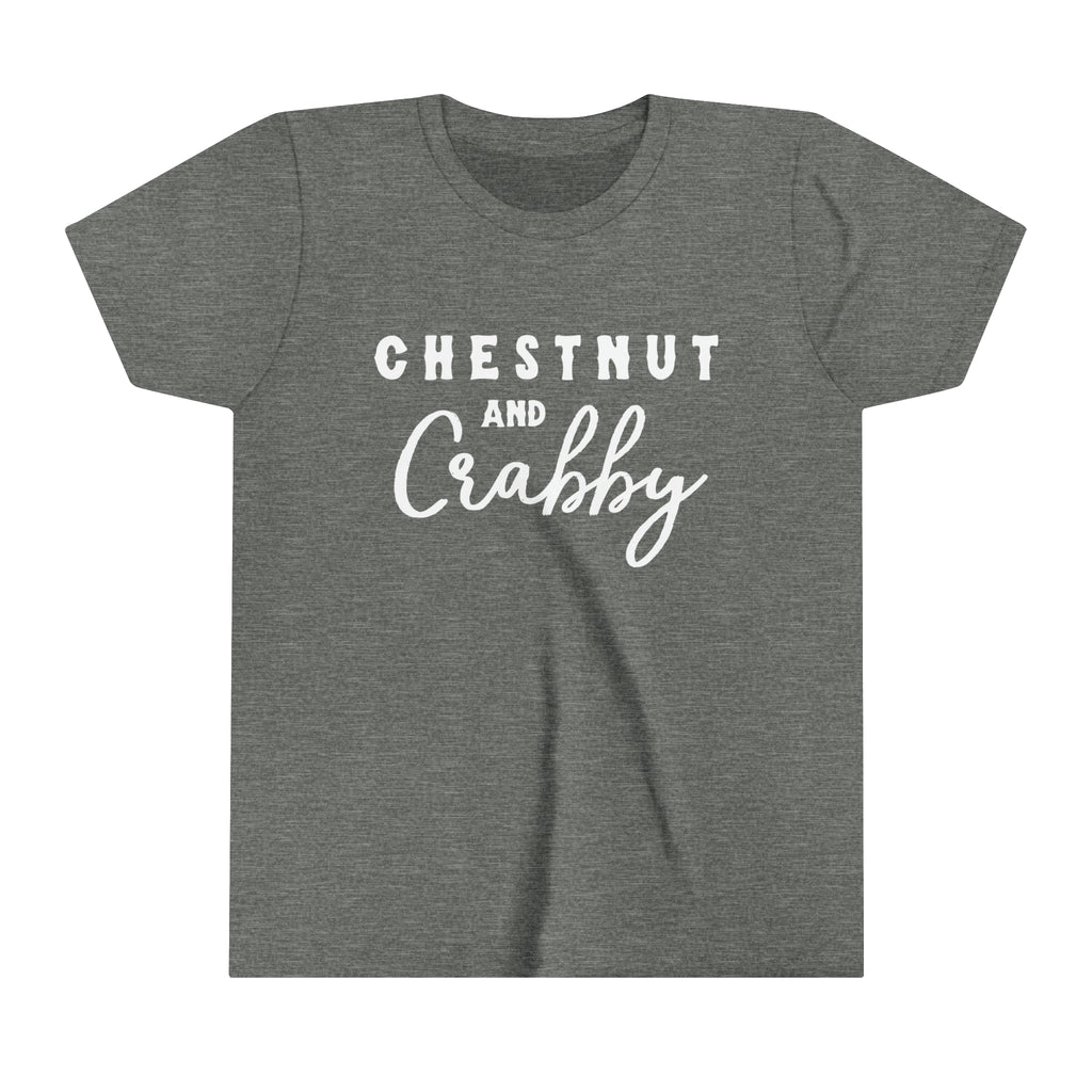 Grey youth short sleeve with white lettering reading "Chestnut and Crabby".