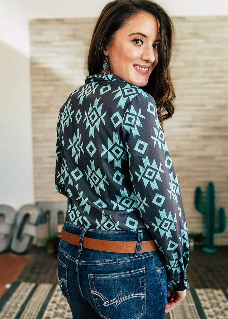 Turquoise & Black Aztec Long Sleeve Button Down YC Long Sleeve Button Down The Cinchy Cowgirl (YC)   