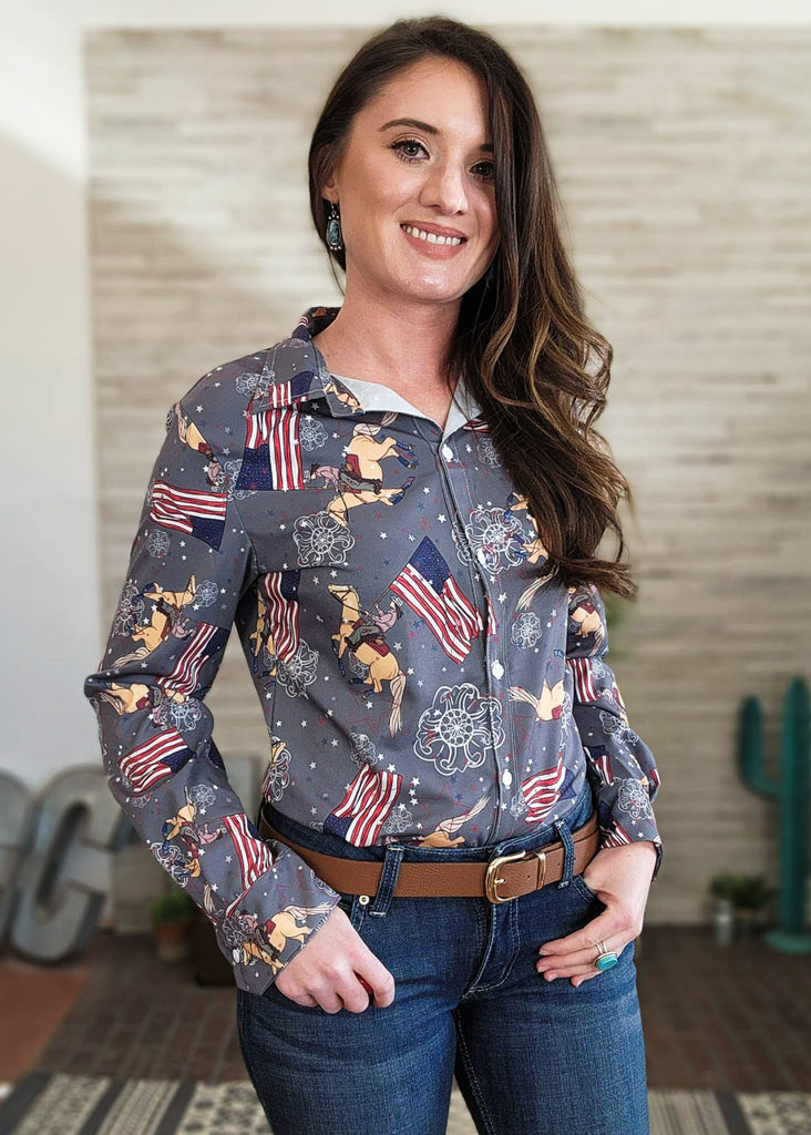 Gray American Flag Palomino Long Sleeve Button Down YC Long Sleeve Button Down The Cinchy Cowgirl (YC)   