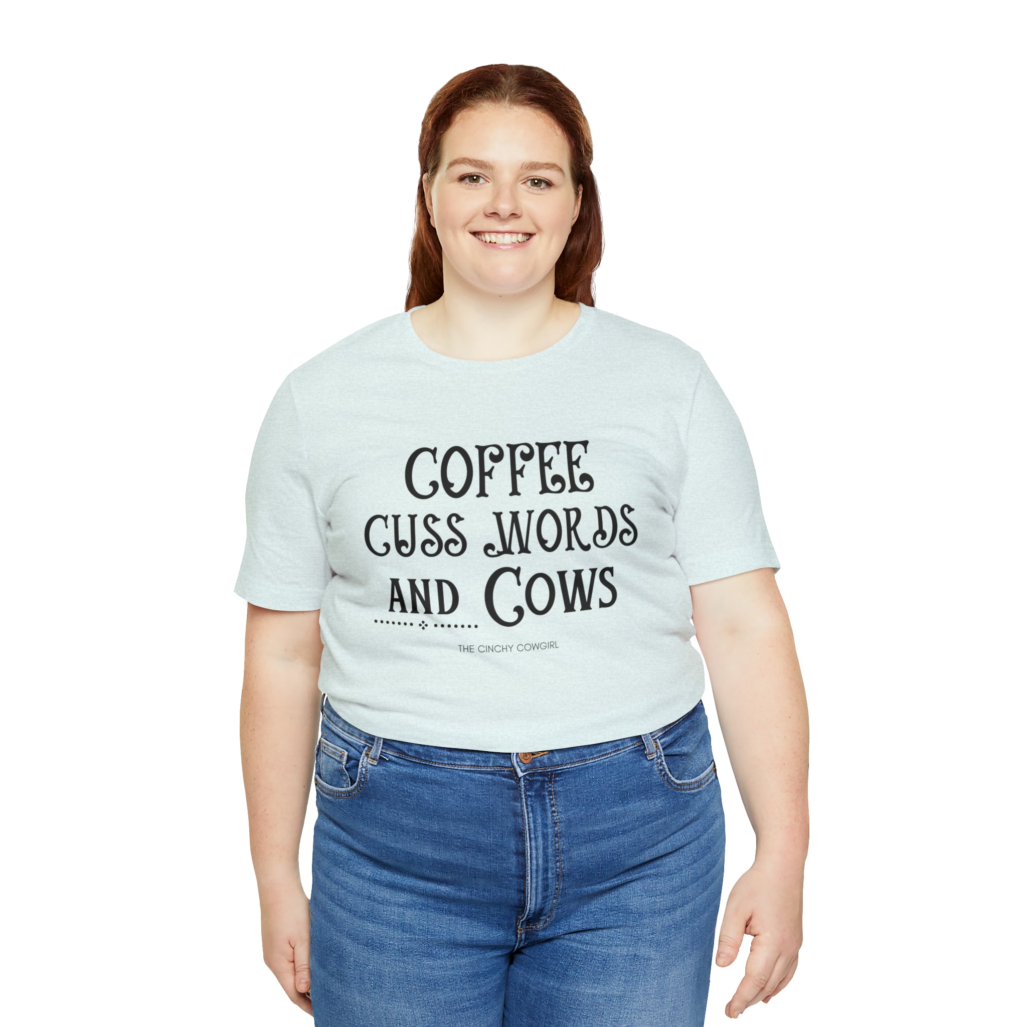 Coffee Cuss Words & Cows Short Sleeve Graphic Tee T-Shirt The Cinchy Cowgirl - Print Heather Ice Blue S