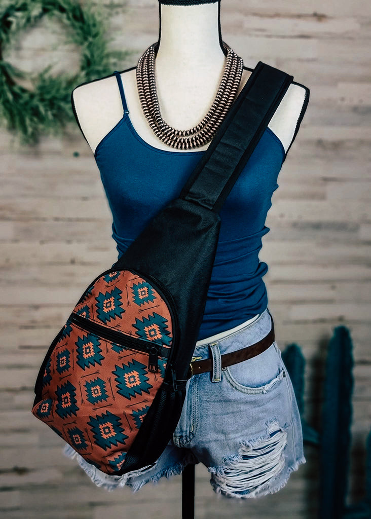 Brown & Teal Aztec Sling Bag sling bag The Cinchy Cowgirl   