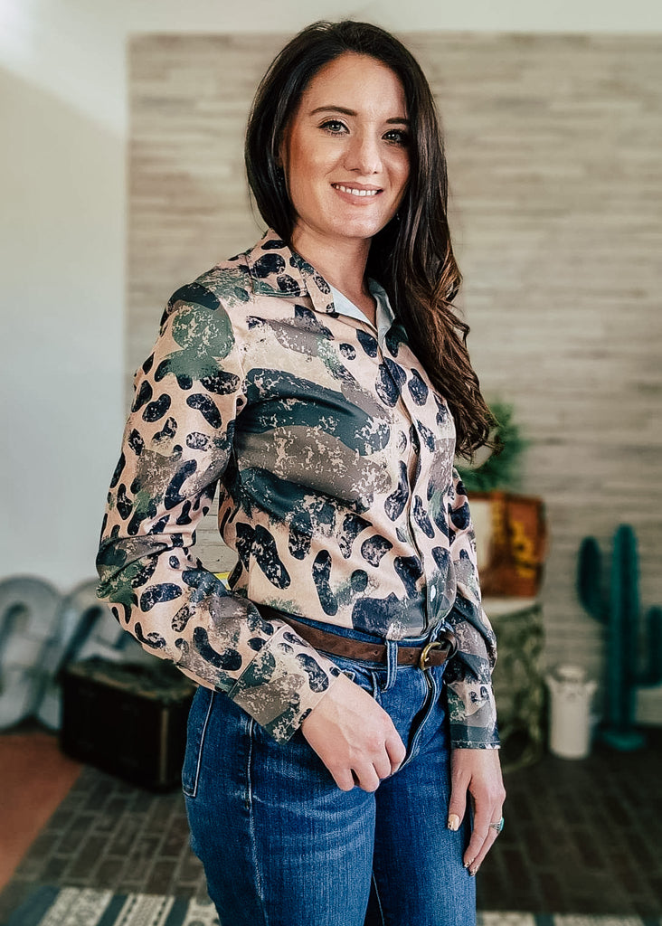 Leopard Camo Long Sleeve Button Down YC Long Sleeve Button Down The Cinchy Cowgirl (YC)   