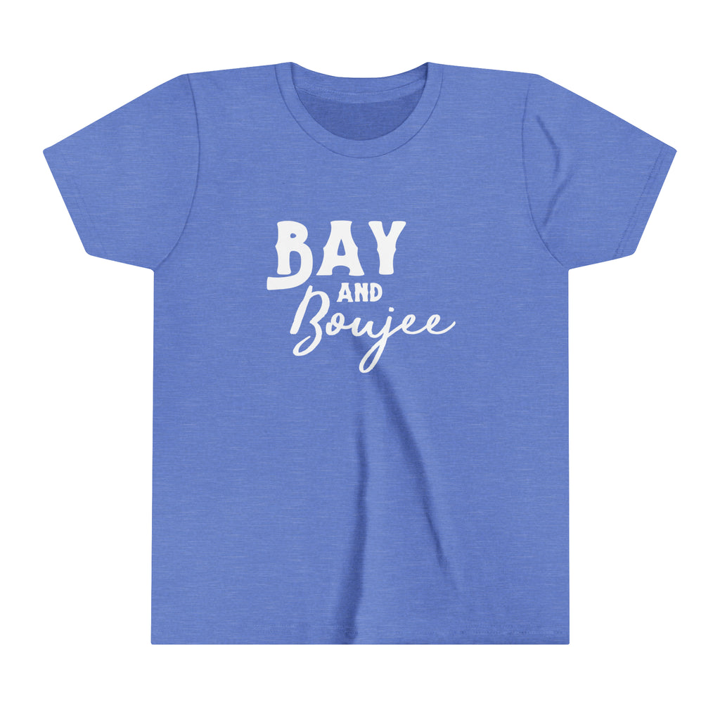 Blue youth short sleeve with white lettering that reads "Bay and Boujee".