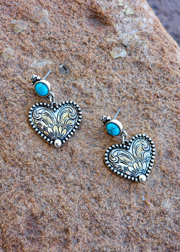 Western Heart Engraved Stud Earrings Earrings Blue Tortoise