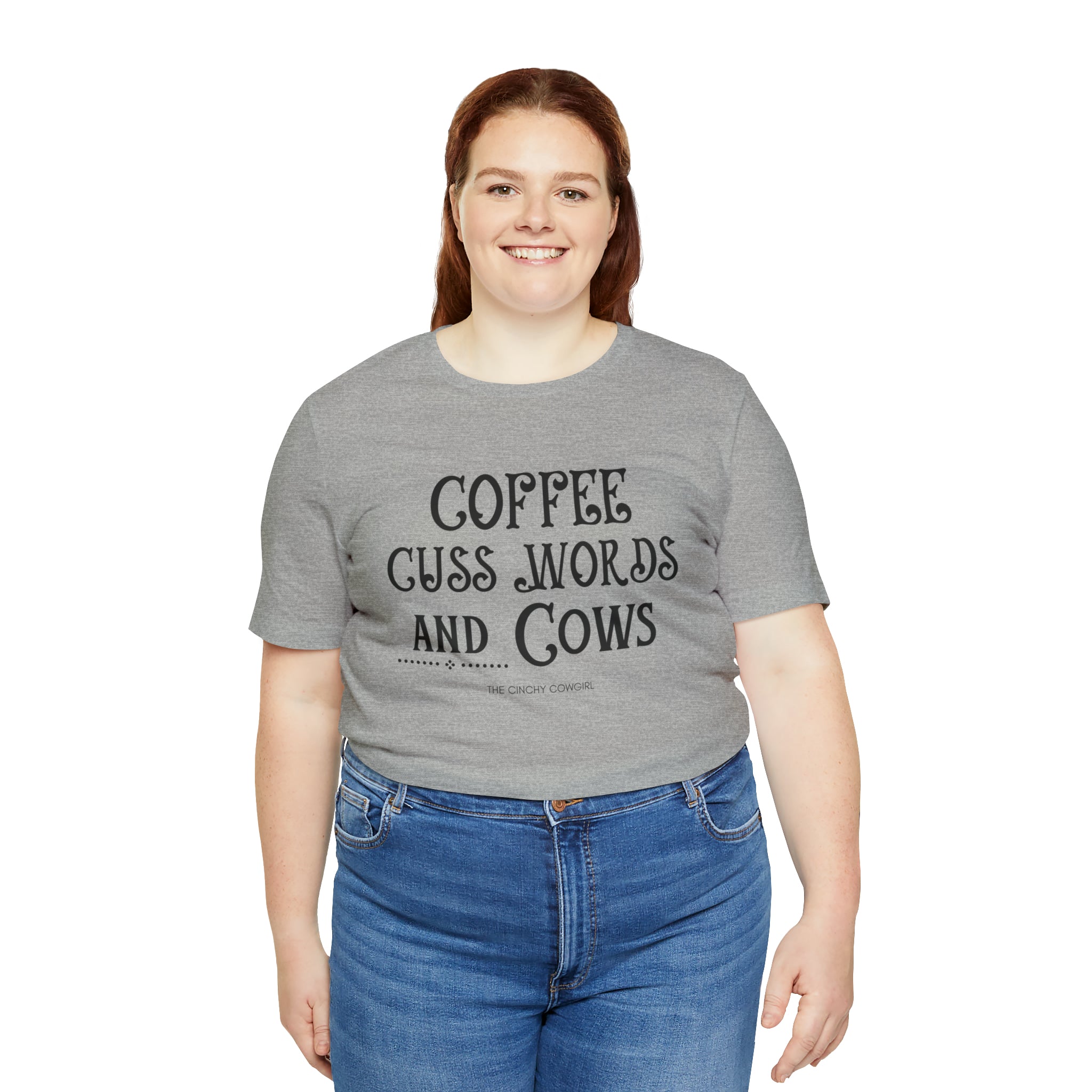Coffee Cuss Words & Cows Short Sleeve Graphic Tee T-Shirt The Cinchy Cowgirl - Print