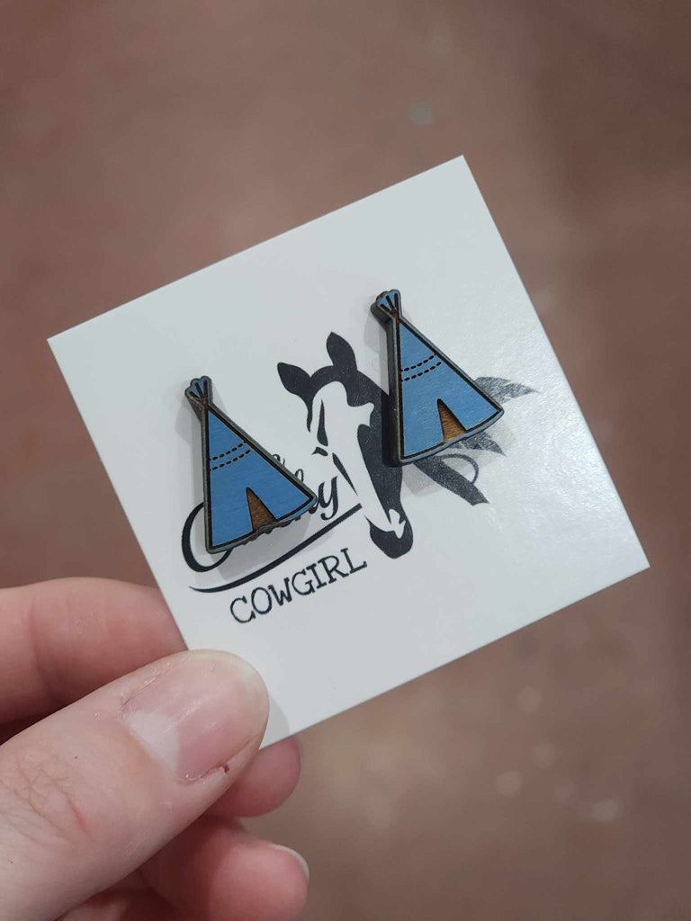 Wooden painted blue western tent stud earrings. 