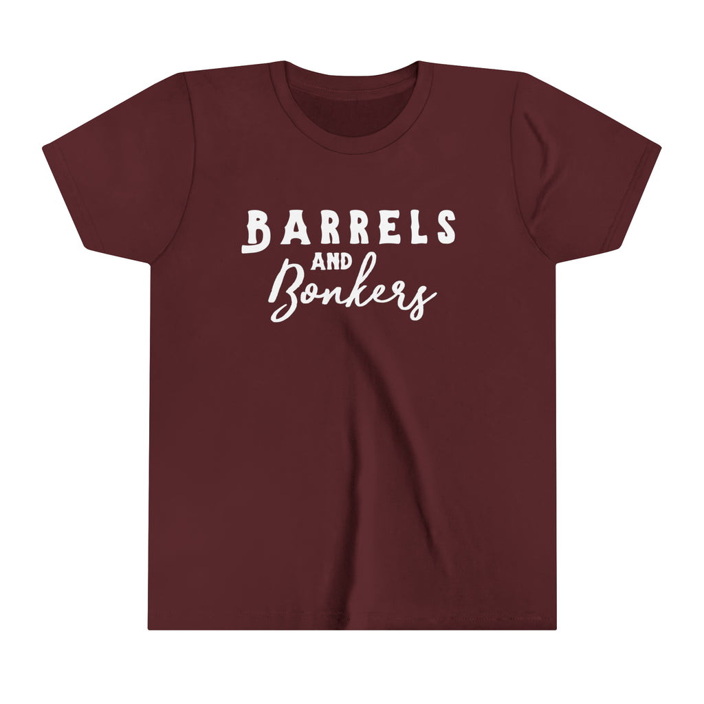 Maroon youth short sleeve with white lettering reading "Barrels and Bonkers".