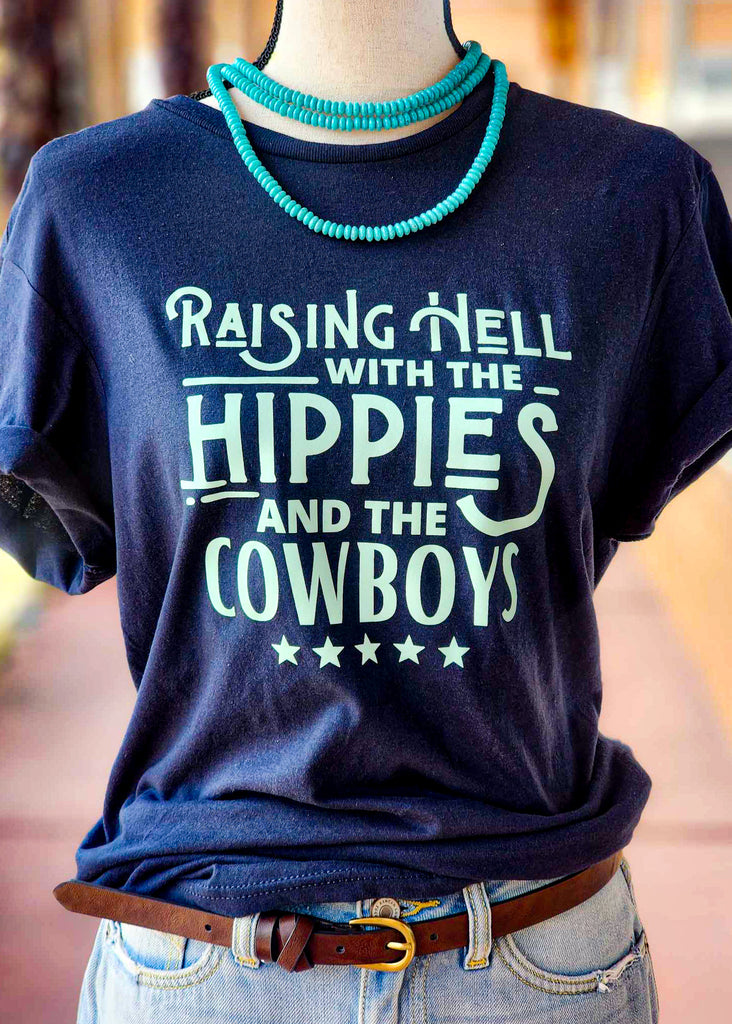 Navy Raising Hell With The Hippies Short Sleeve Graphic Tee tcc graphic tee - $19.99 The Cinchy Cowgirl   