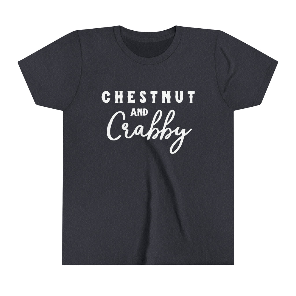 Navy youth short sleeve with white lettering reading "Chestnut and Crabby".