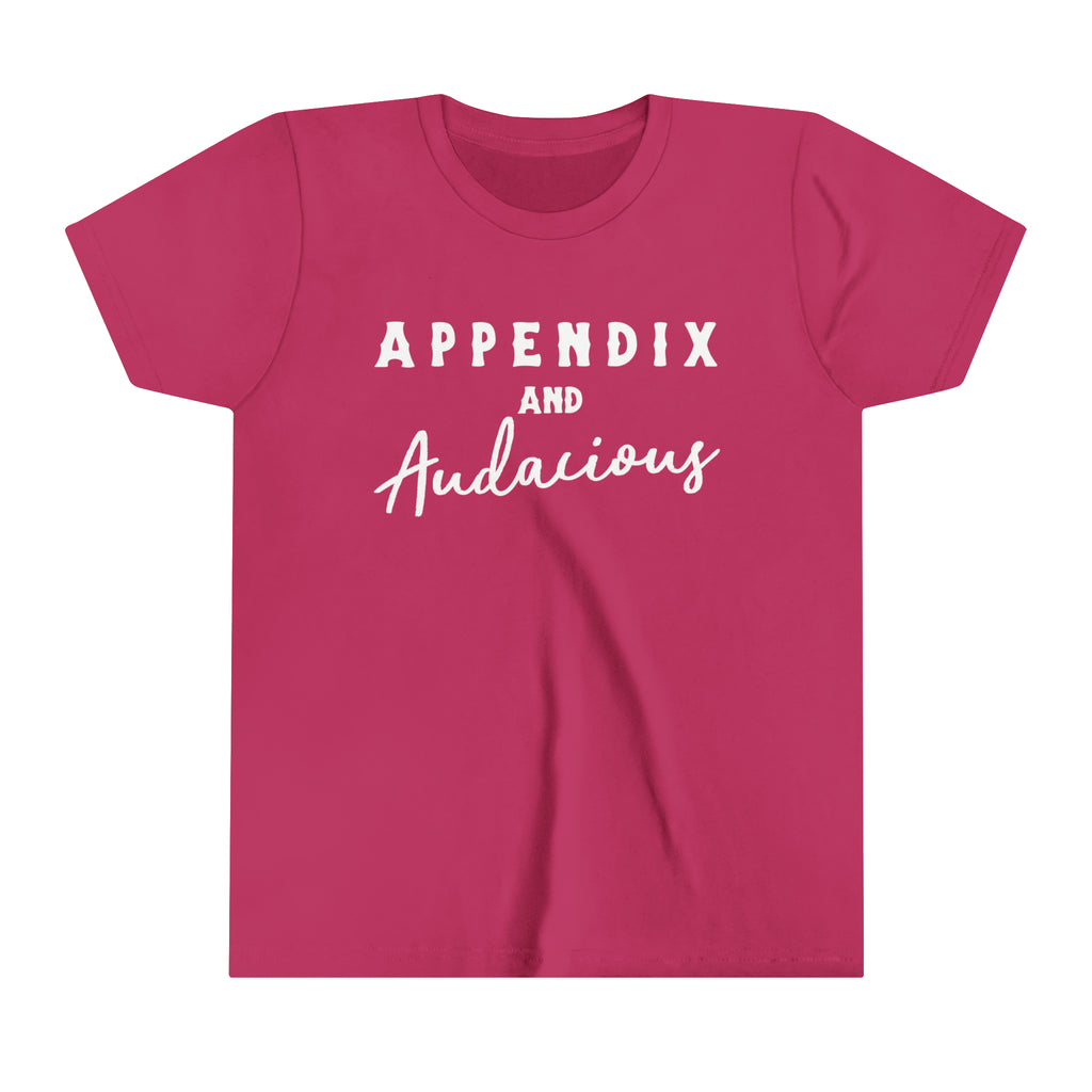 Berry youth short sleeve with white lettering that says "Appendix and Audacious".