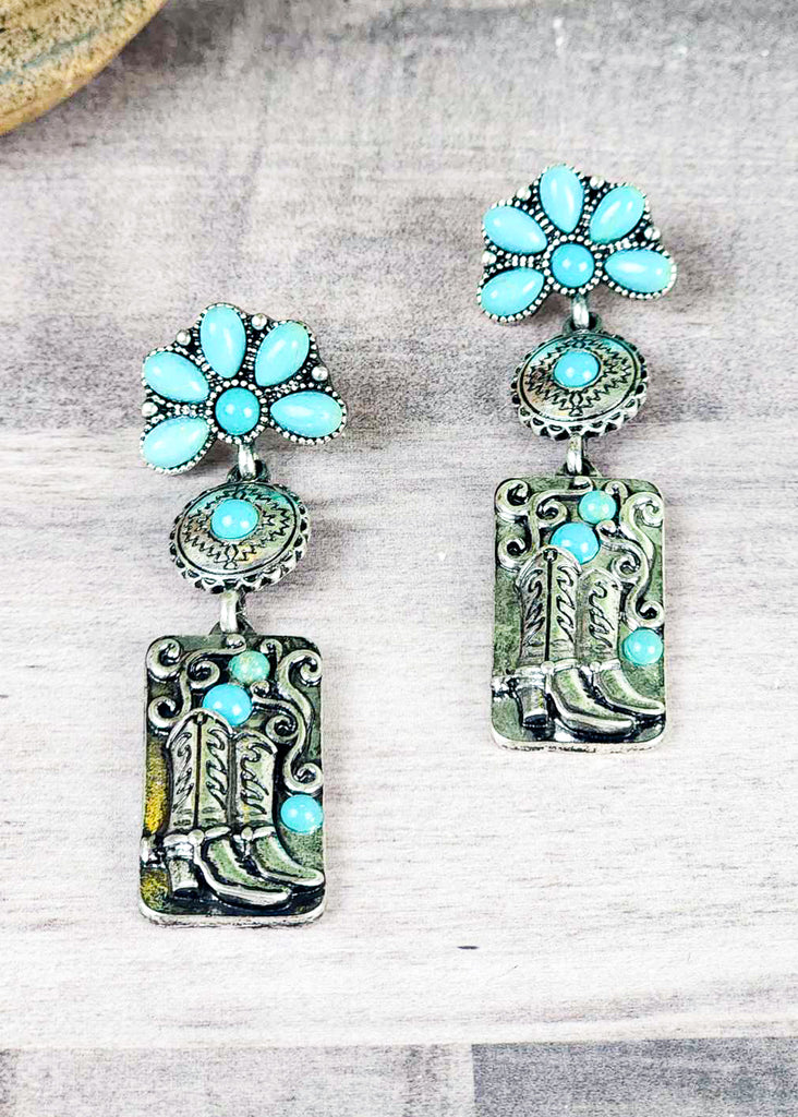 Antique Silver Boots & Floral Earrings earrings Blue Tortoise   