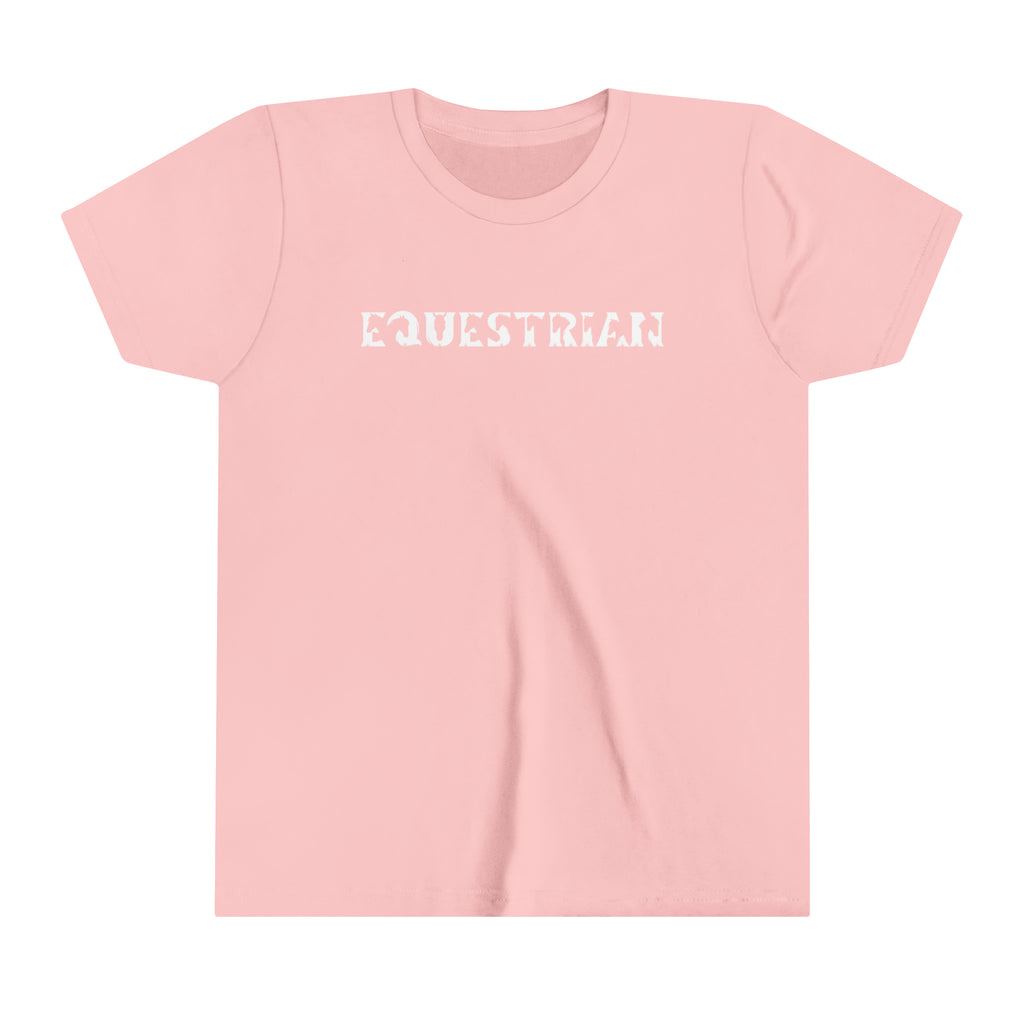 Pink youth short sleeve with white lettering reading "Equestrian" with horse cutouts in the lettering.