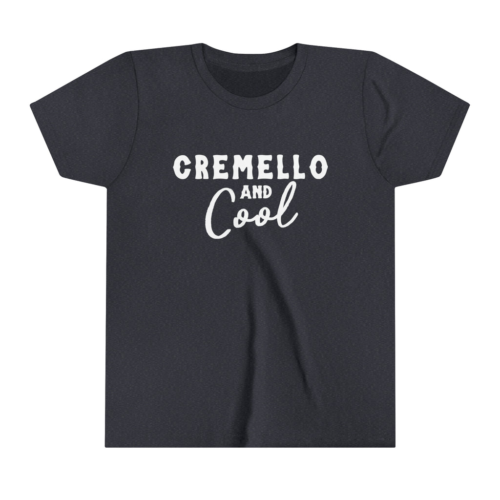 navy youth short sleeve tee with white lettering reading "Cremello and Cool". 