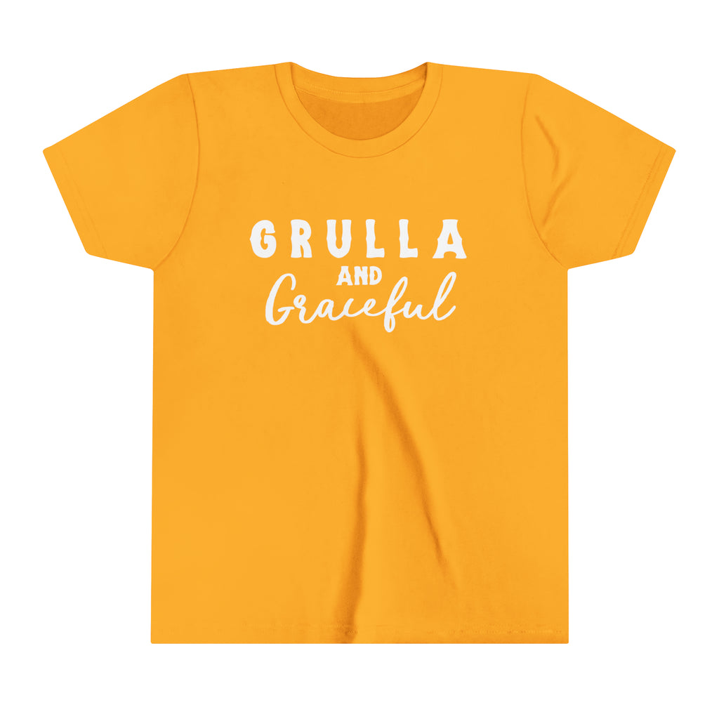 Gold youth short sleeve white white lettering reading "Grulla and Graceful". 
