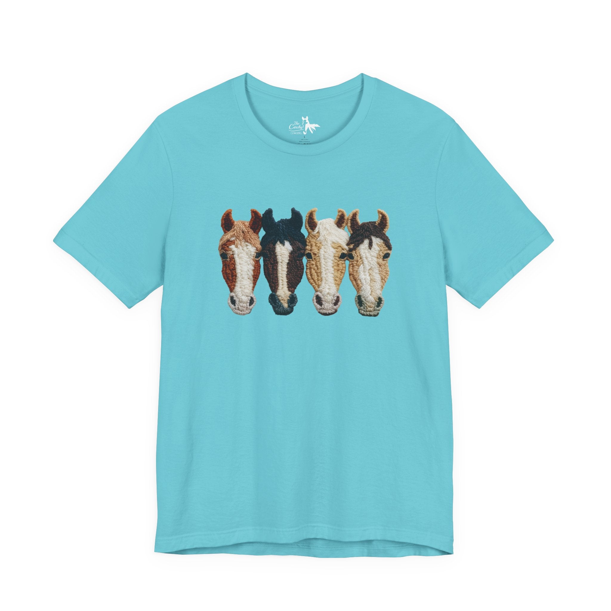 Faux Crochet Horses Short Sleeve Tee Graphic Tee The Cinchy Cowgirl - Print Turquoise XS