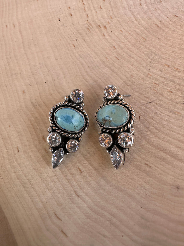 Handmade Golden Hills Turquoise, CZ and Sterling Silver Post Earrings NT jewelry Nizhoni Traders LLC   