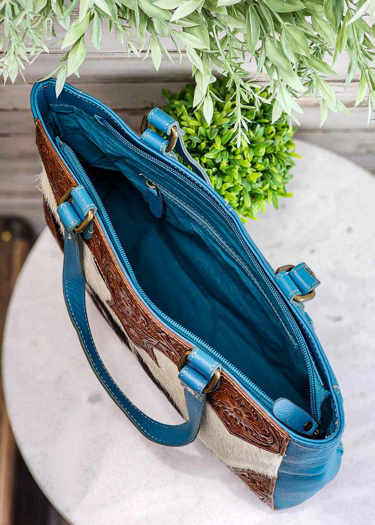 Turquoise & Cowhide Western Tooled Handbag tote handbag Myra   