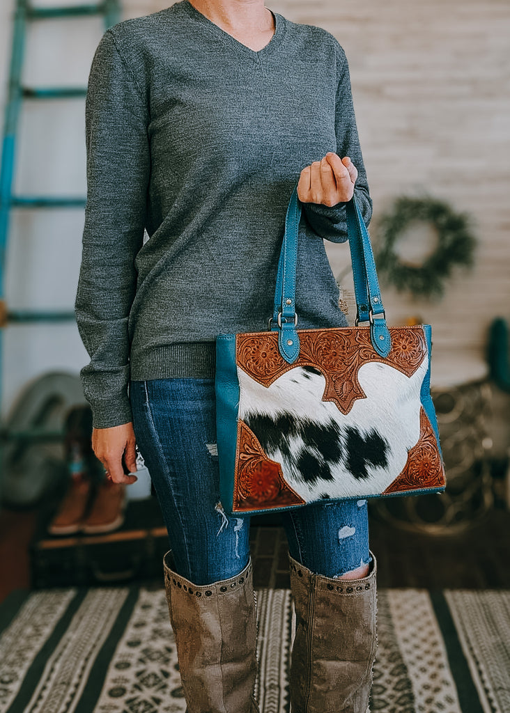 Turquoise & Cowhide Western Tooled Handbag tote handbag Myra   