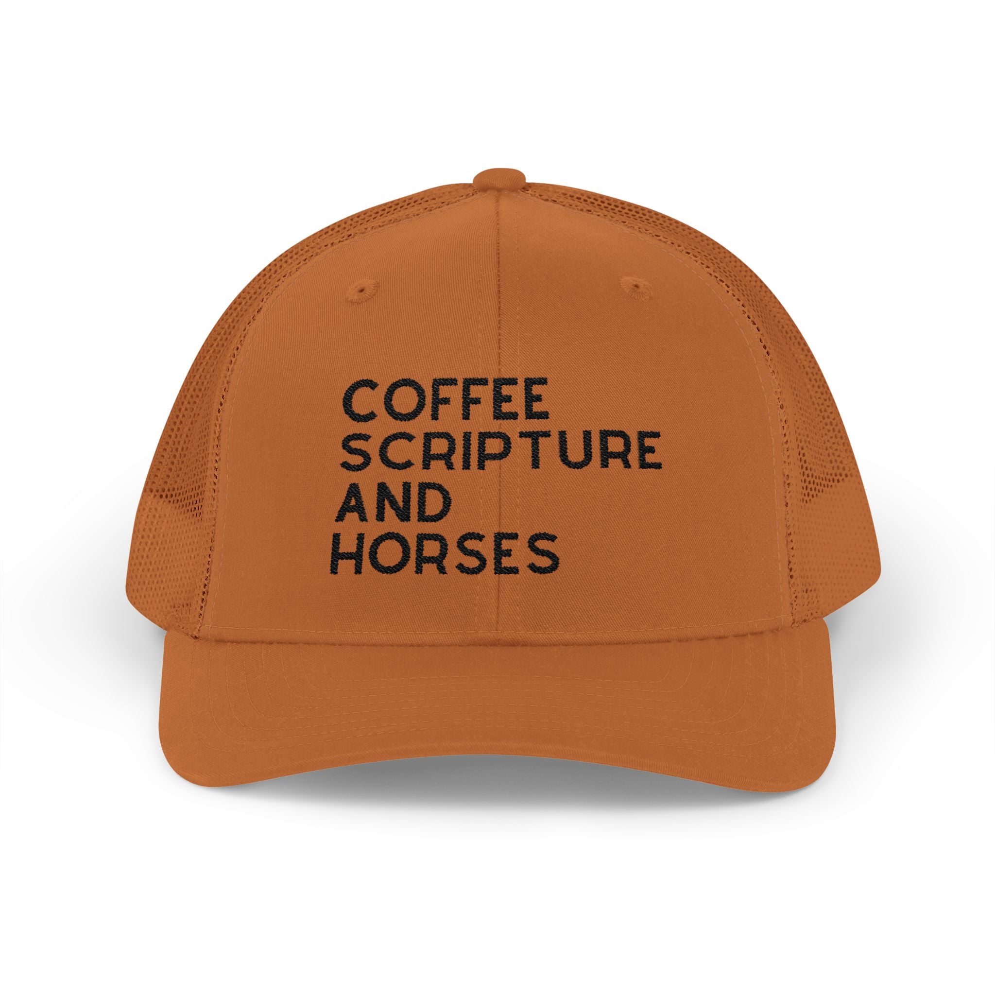Embroidered Coffee Scripture and Horses Trucker Hat [23 Colors] Embroidered TCC Hat The Cinchy Cowgirl - Print Caramel