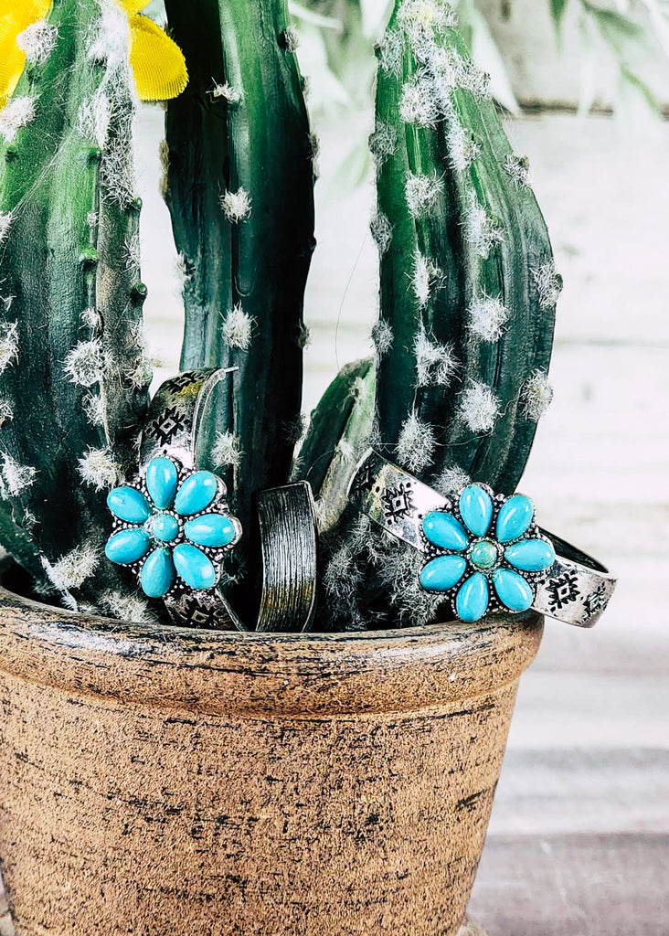 Cowgirl hoop stud earring with floral turquoise like stone design. Antique silver aztec design stamped hoops. 