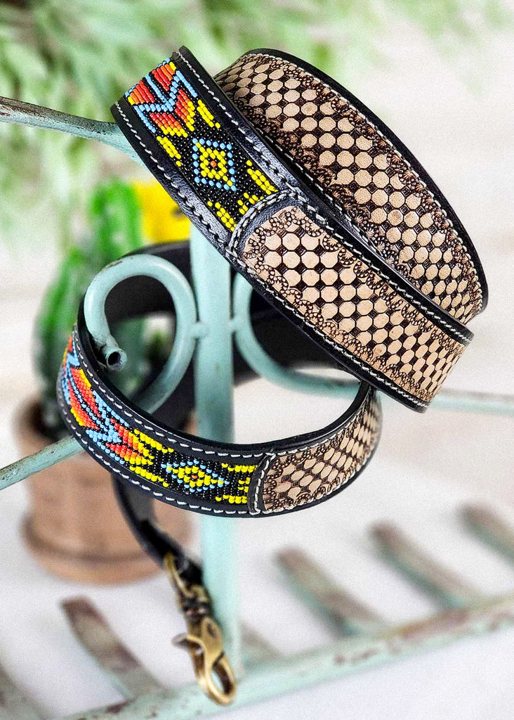 Coiled purse strap with southwestern beading and more view of the checkered hand-tooling. 