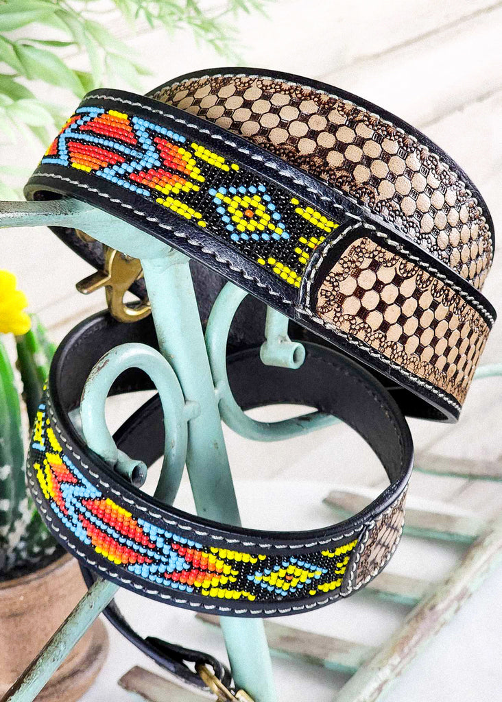Cowgirl purse strap with southwestern style beading and checkered hand-tooling. 