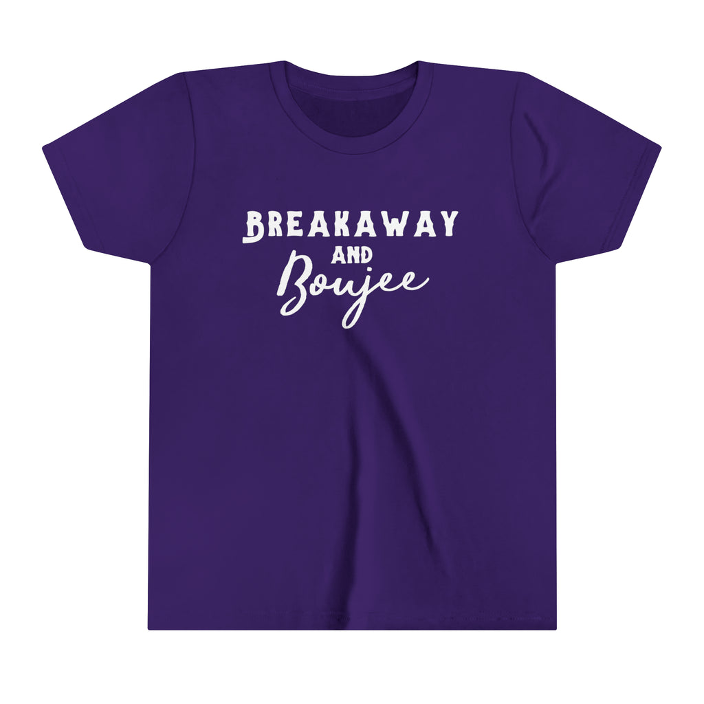 Purple youth short sleeve with white lettering reading "Breakaway and Boujee".