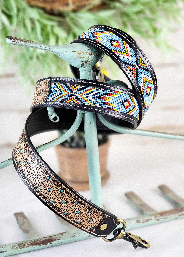 Coiled southwestern style removable strap with delicate beading to remind you of the western skies and sun designed hand tooling with teal accents. 