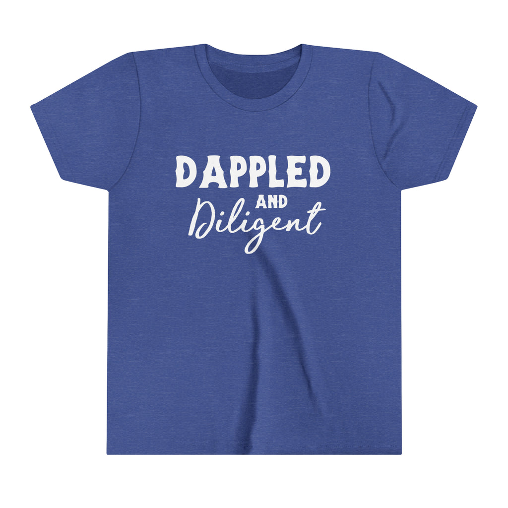Royal youth short sleeve with white lettering reading "Dappled and Diligent". 