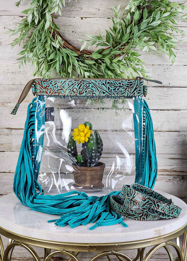 Clear Teal Floral & Fringe Handbag Crossbody Handbag Myra   