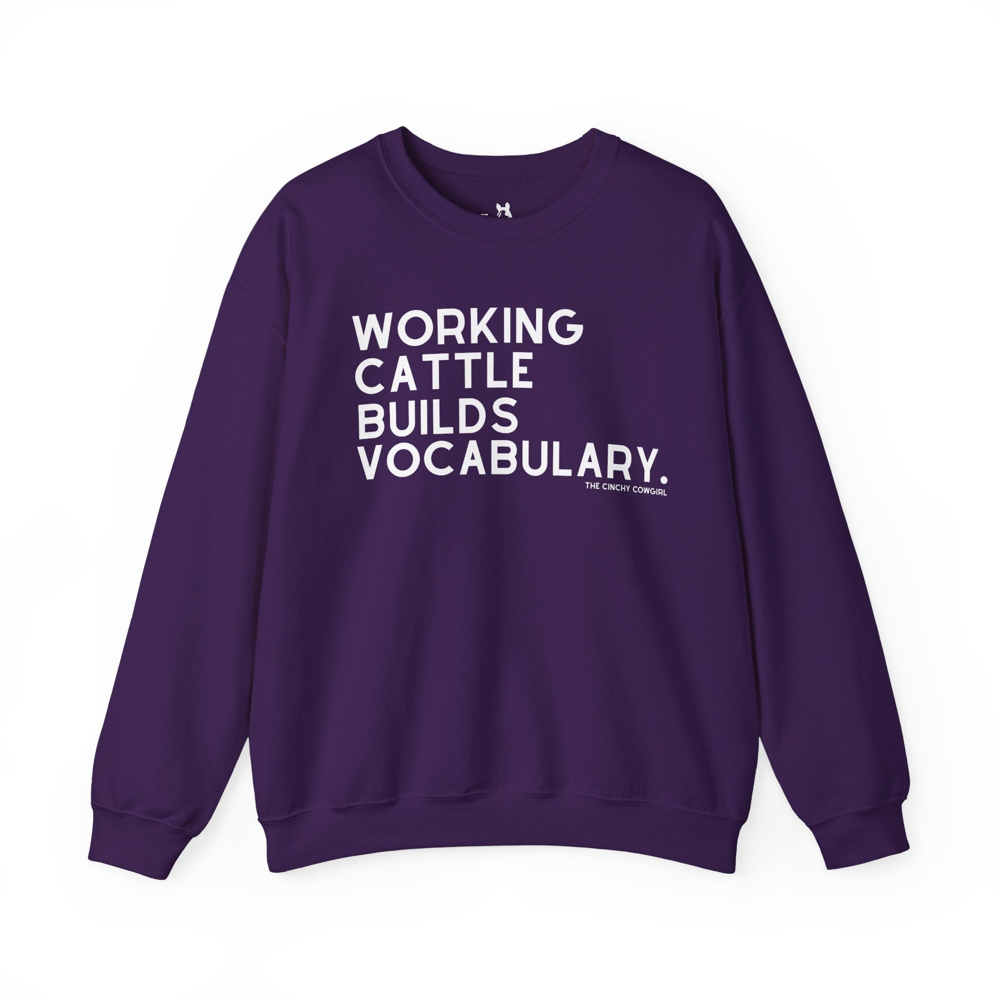 Working Cattle Builds Vocabulary Pullover Graphic Sweatshirt The Cinchy Cowgirl - Print S Purple