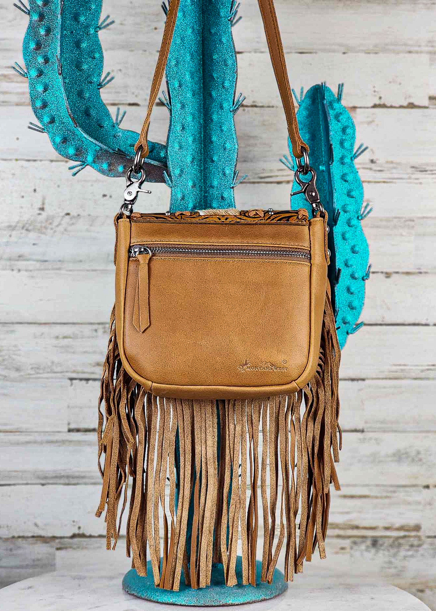 Country Hide & Tan Leather Floral Tooled Fringe Handbag – Cowgirl