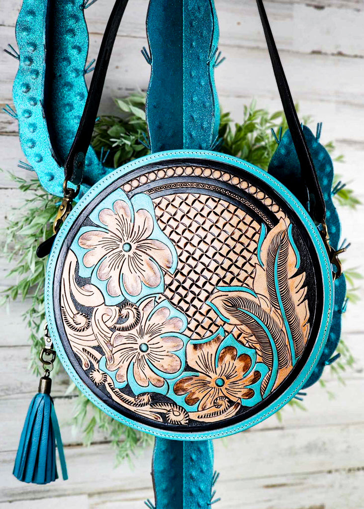 Turquoise Floral Tooled Round Handbag Crossbody Handbag Myra   