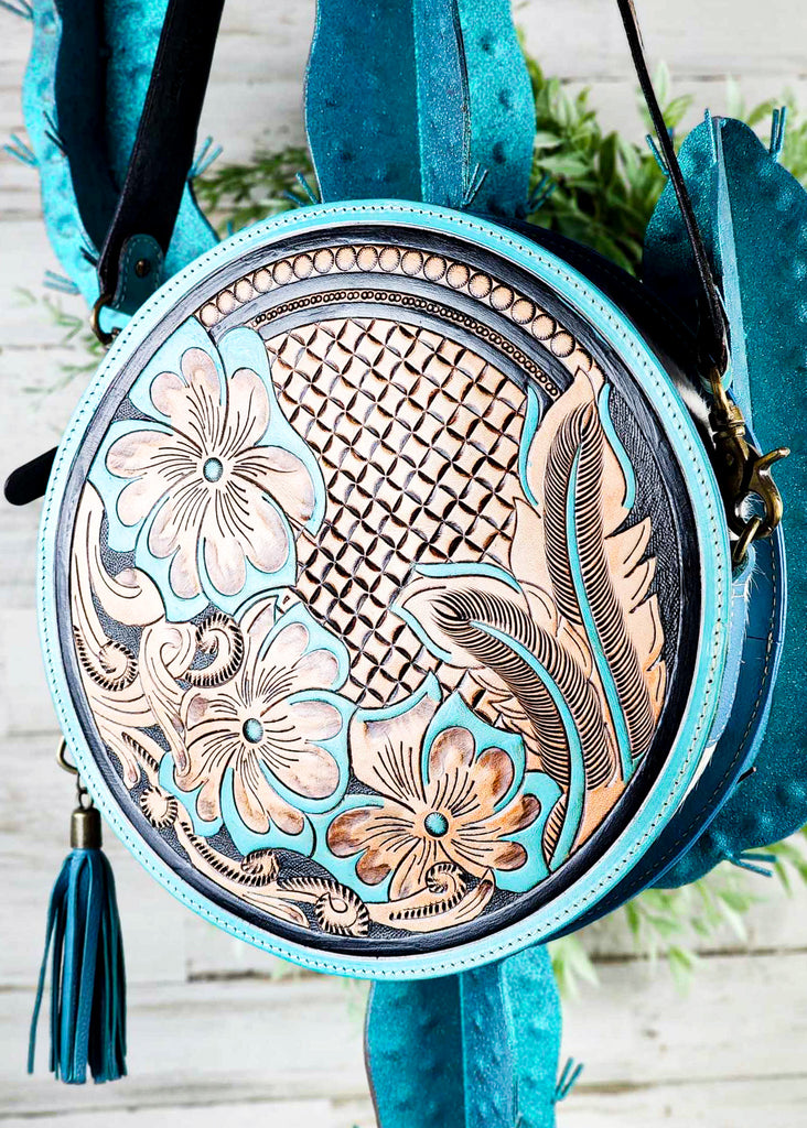 Turquoise Floral Tooled Round Handbag Crossbody Handbag Myra   