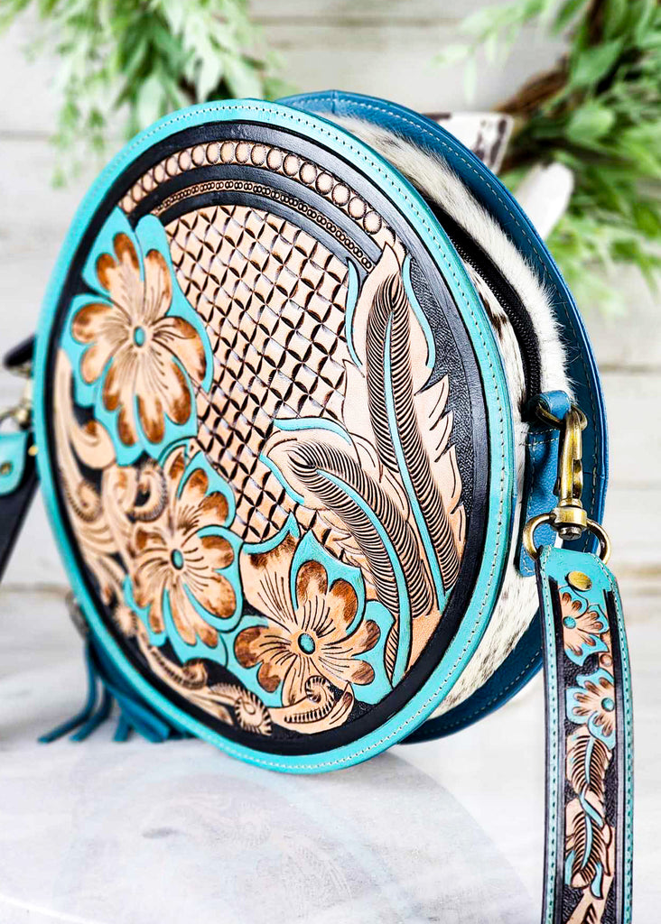 Turquoise Floral Tooled Round Handbag Crossbody Handbag Myra   
