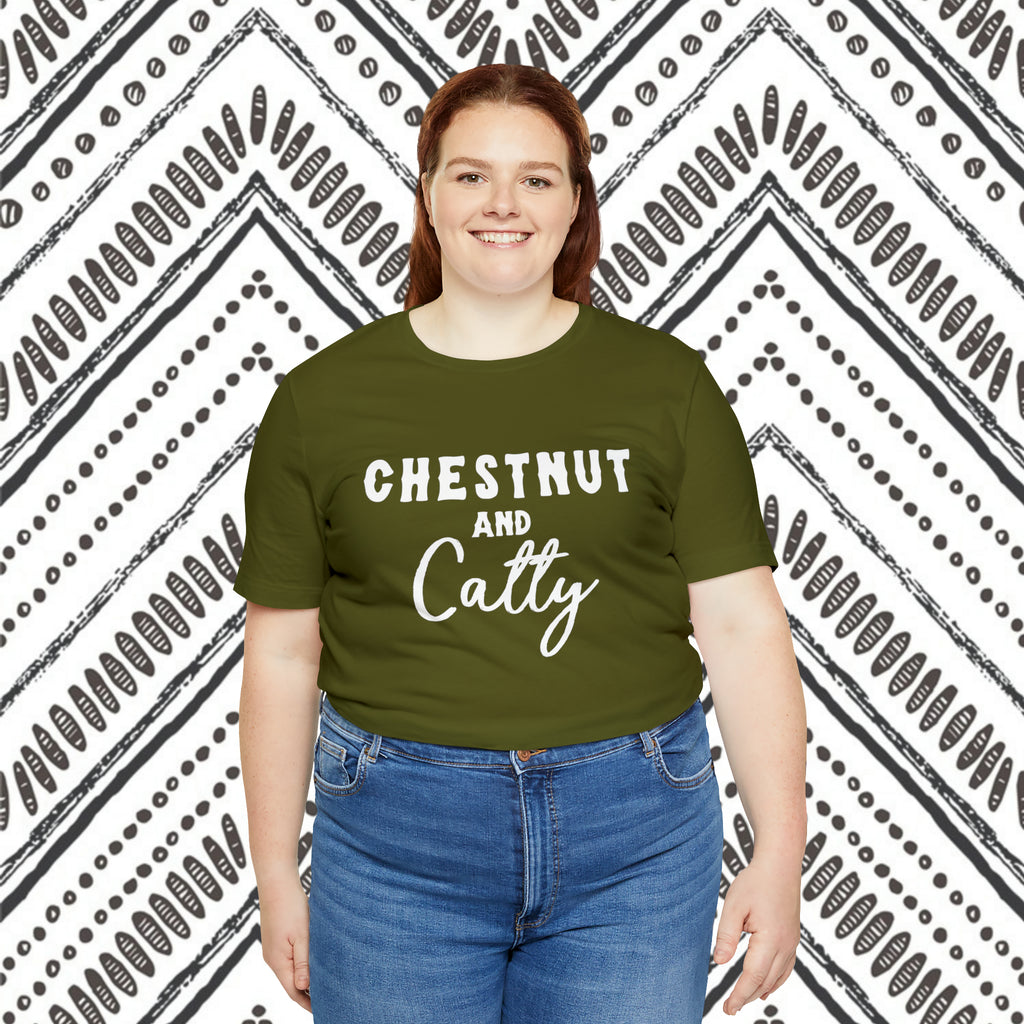 Olive plus size short sleeve with white lettering reading "Chestnut and Catty". 