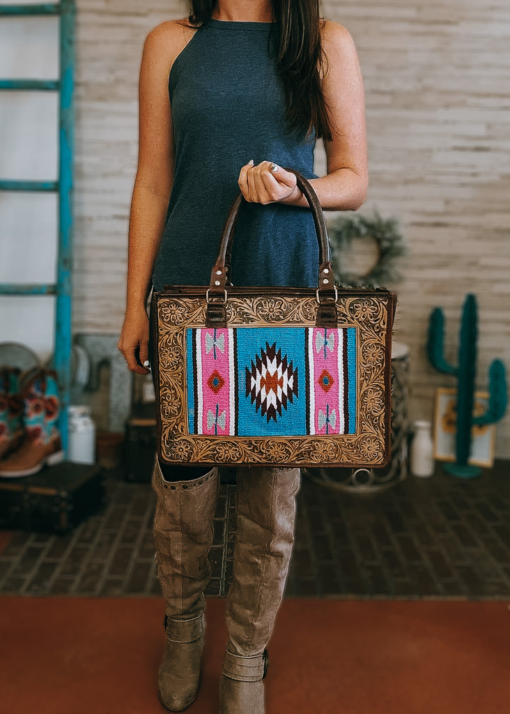 Concealed Carry Pink & Turquoise Aztec Tote Handbag Concealed Carry Handbag Sorrel South   