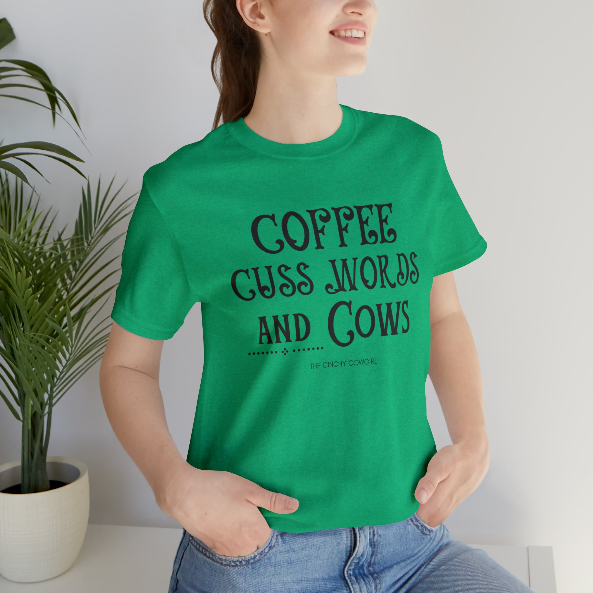 Coffee Cuss Words & Cows Short Sleeve Graphic Tee T-Shirt The Cinchy Cowgirl - Print Heather Kelly S