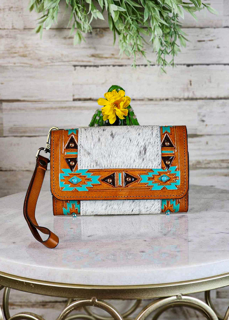 Southwestern Cowhide Tooled Wallet Wristlet/Wallet Shiloh   