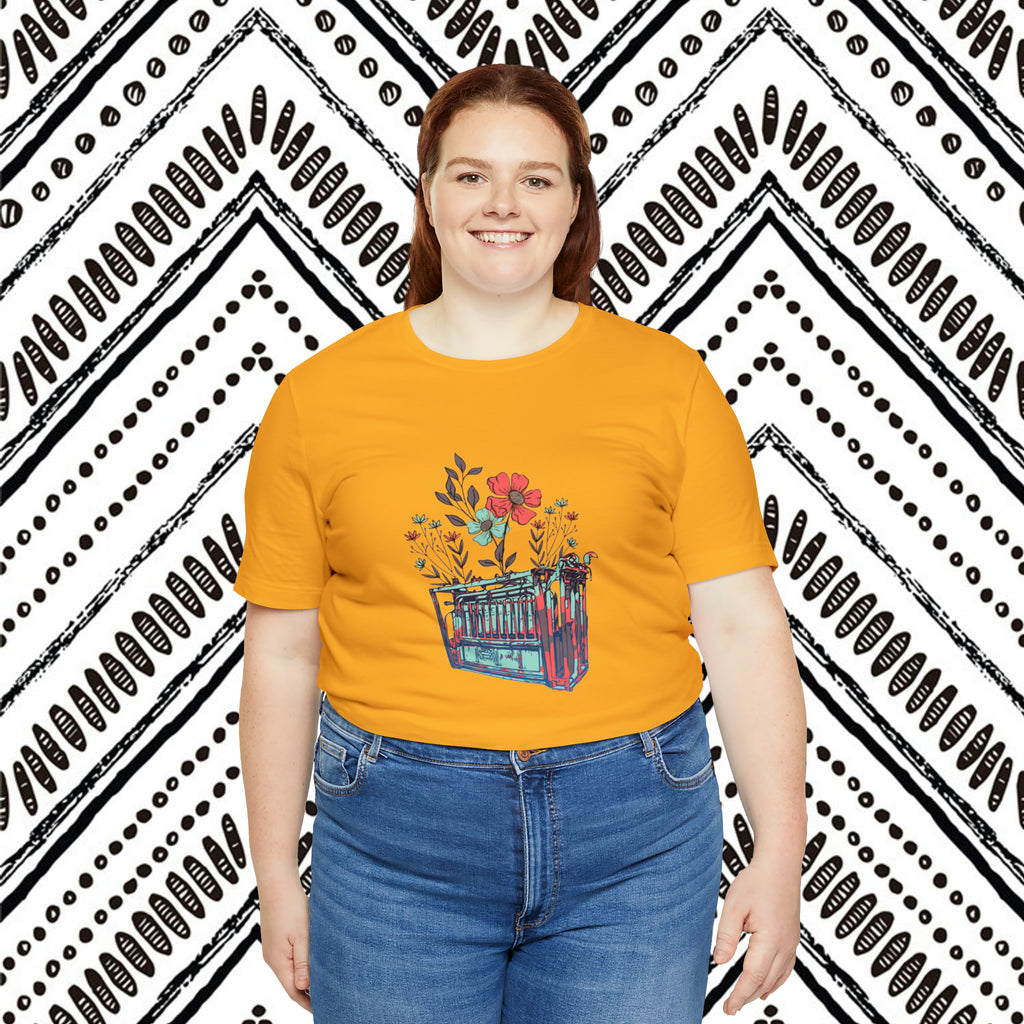 Gold plus size short sleeve with flower teal and pink chute in the middle of the tank. 