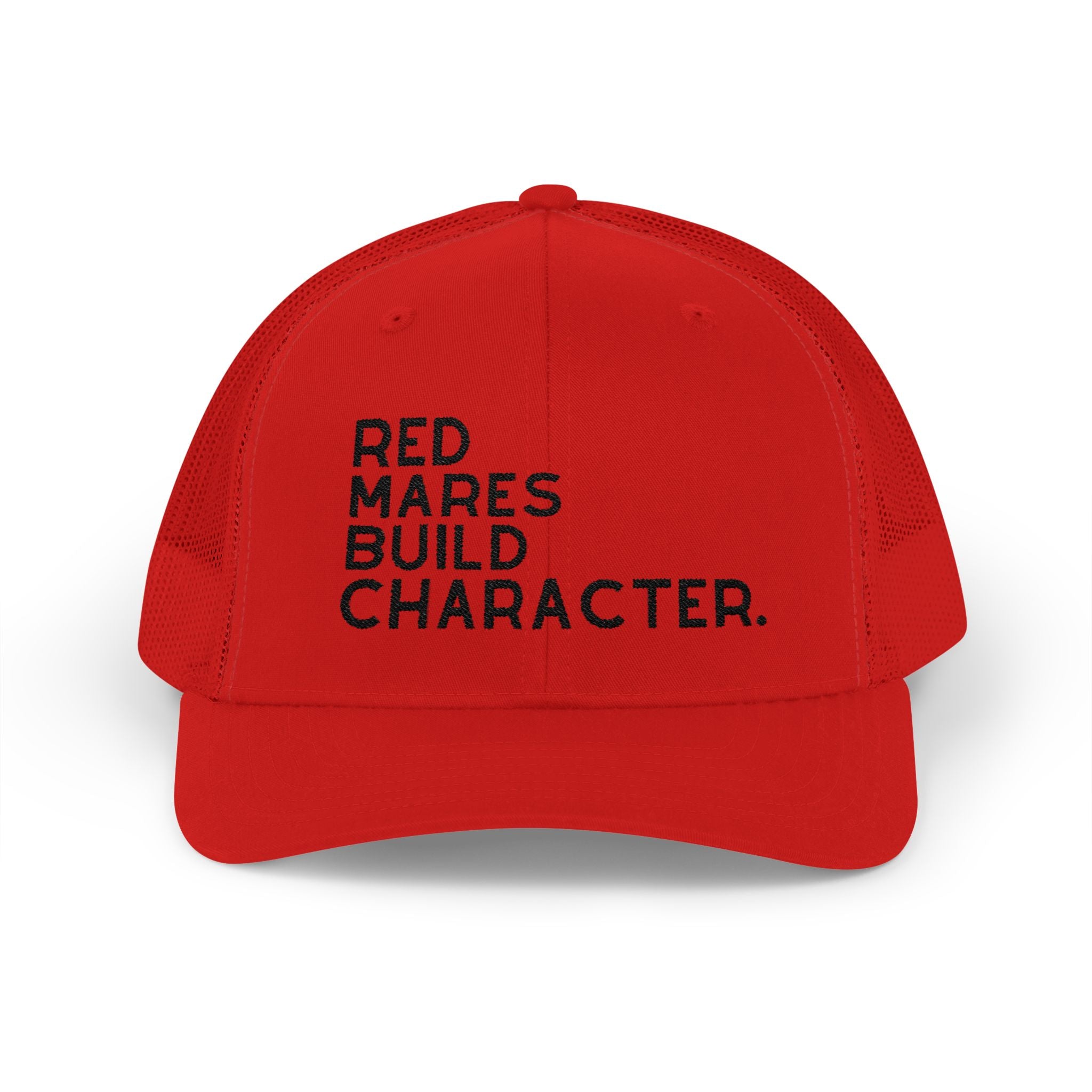 Red Mares Build Character Trucker Hat Embroidered TCC Hat The Cinchy Cowgirl - Print Red