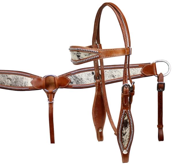 Double Stitch Hair on Cowhide Headstall Set headstall set Shiloh   
