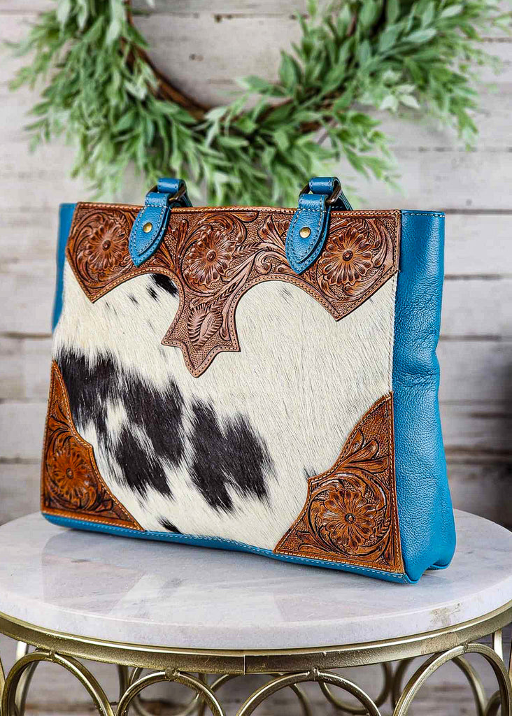 Turquoise & Cowhide Western Tooled Handbag tote handbag Myra   