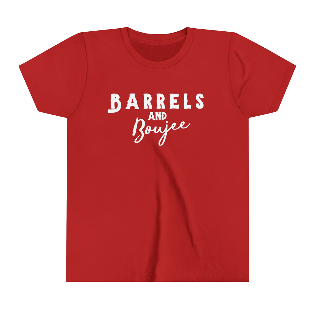 Red youth short sleeve with white lettering reading "Barrels and Boujee".