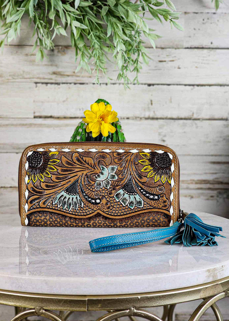 Tooled Sunflower & Buckstitch Wallet Wristlet/Wallet Myra   