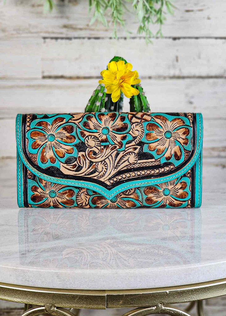 Turquoise & Black Floral Tooled Wallet wallet Myra   
