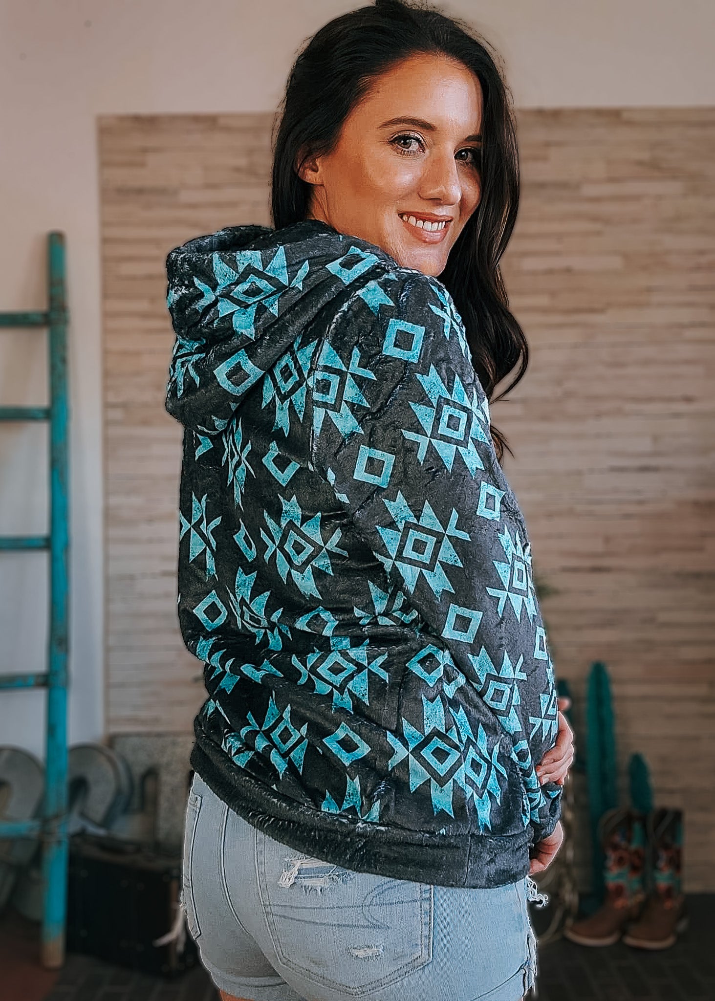 Black & Turquoise Aztec Fleece Zip Hoodie fleece hoodie The Cinchy Cowgirl (YC)   