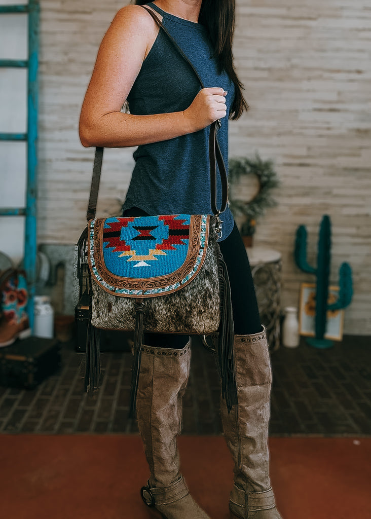 Rosa Cowhide Saddle Blanket & Fringe Crossbody Handbag Handbag Sorrel South   